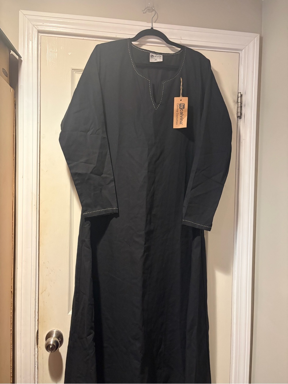 Women's Costume Long Heavy Cotton Dress in black with White stitch trim XL